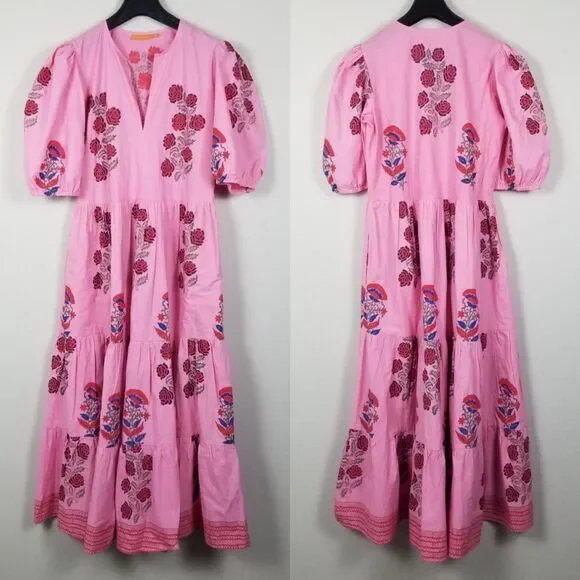 Oliphant Tuckernuck Boca Pink Puff Sleeve Midi Cotton Block Print Dress Size S - Picture 9 of 15